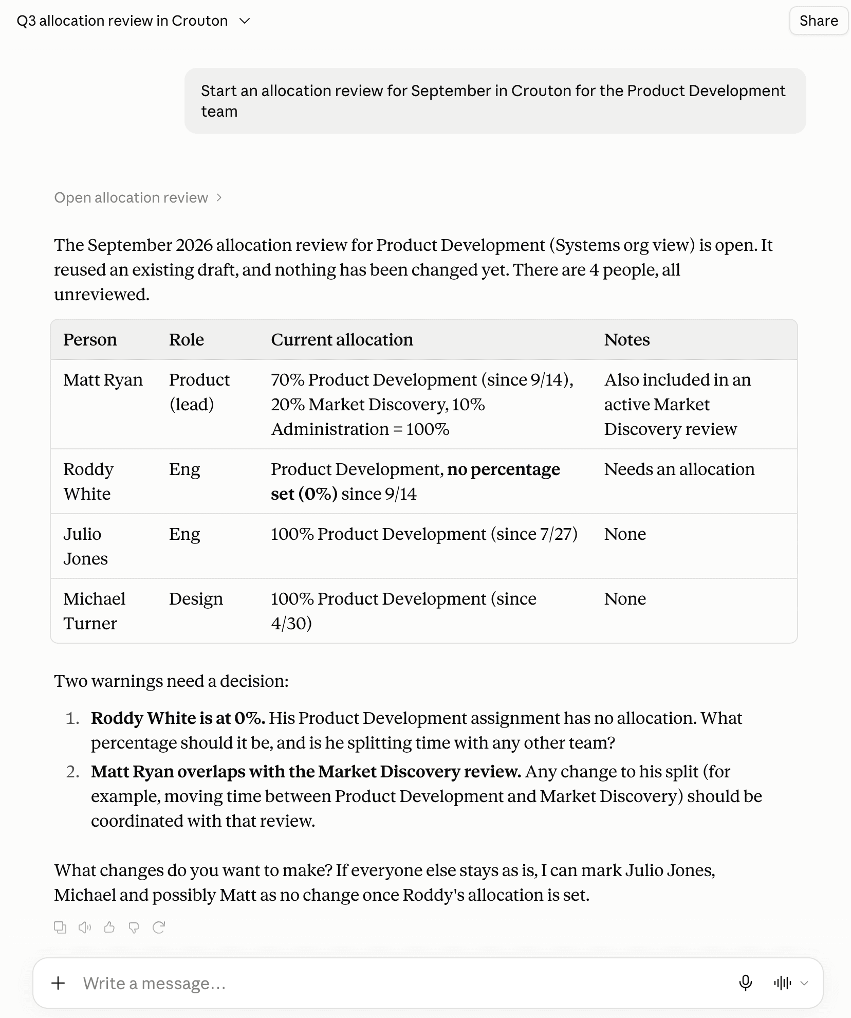 An AI assistant asked to start a September allocation review for the Product Development team, replying with a table of the four people, their roles and current allocations, and two warnings that need a decision