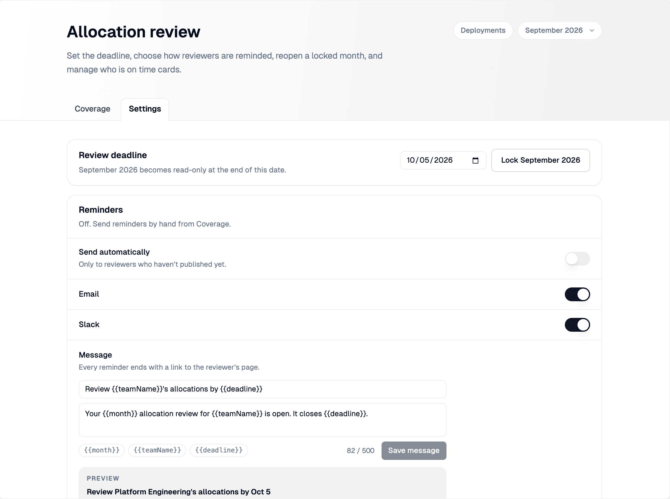 The Settings tab of allocation review, with an October 5 review deadline and a Lock September 2026 button, reminder toggles for Send automatically, Email, and Slack, and a reminder message using month, team name, and deadline placeholders
