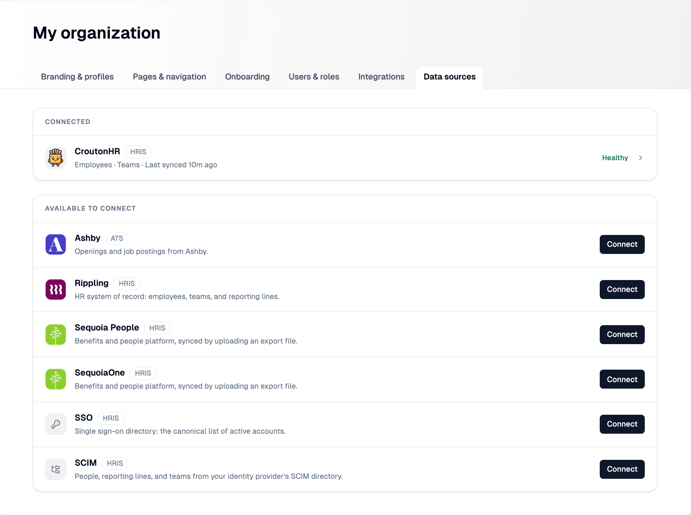 The Data sources tab in My organization, with a connected HRIS marked Healthy and a list of sources available to connect, including Ashby, Rippling, SSO, and SCIM