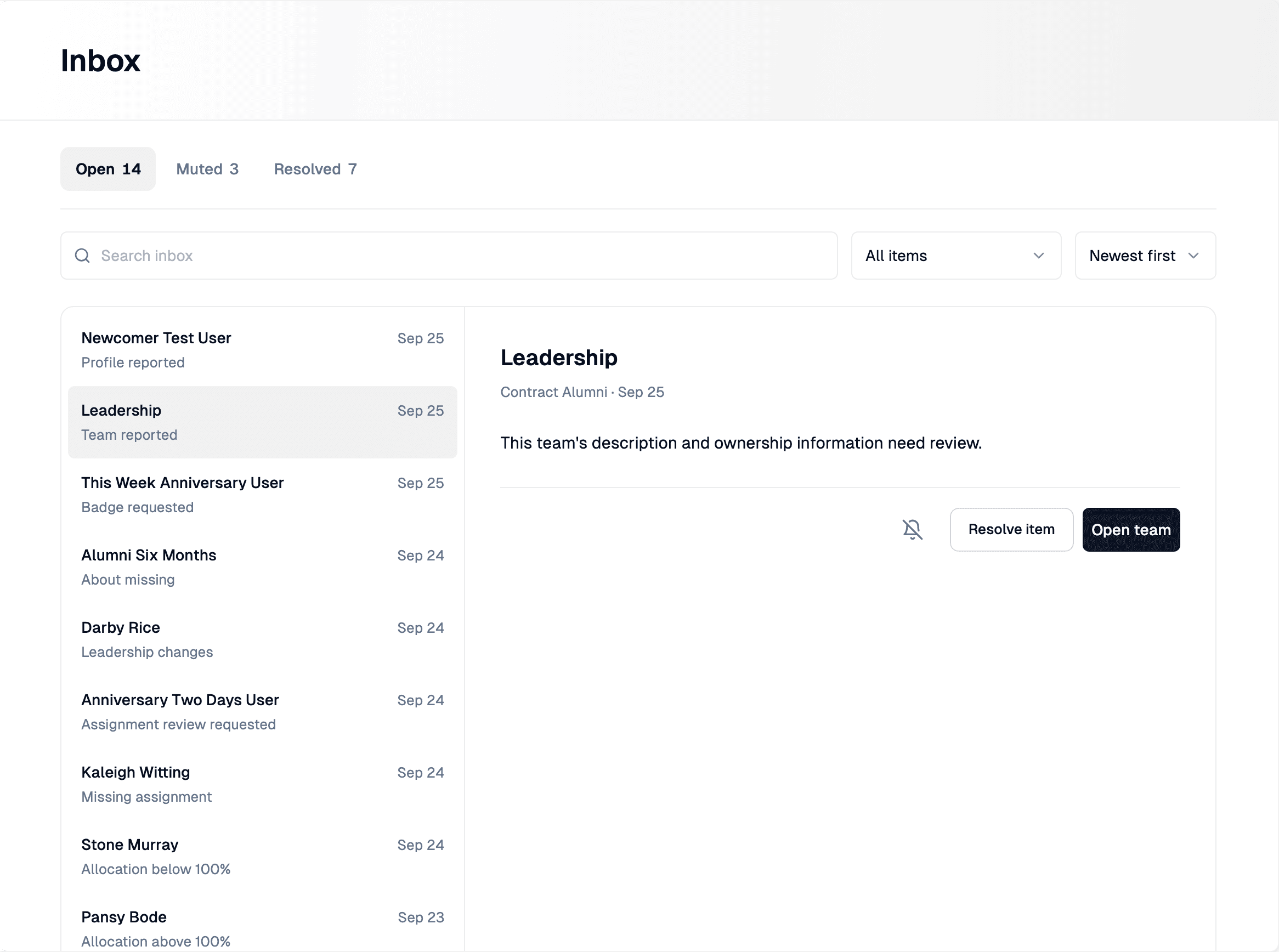 The redesigned Crouton Inbox, with Open, Muted, and Resolved tabs, search, type and sort filters, a list of items on the left, and a selected team report on the right with Mute, Resolve item, and Open team actions