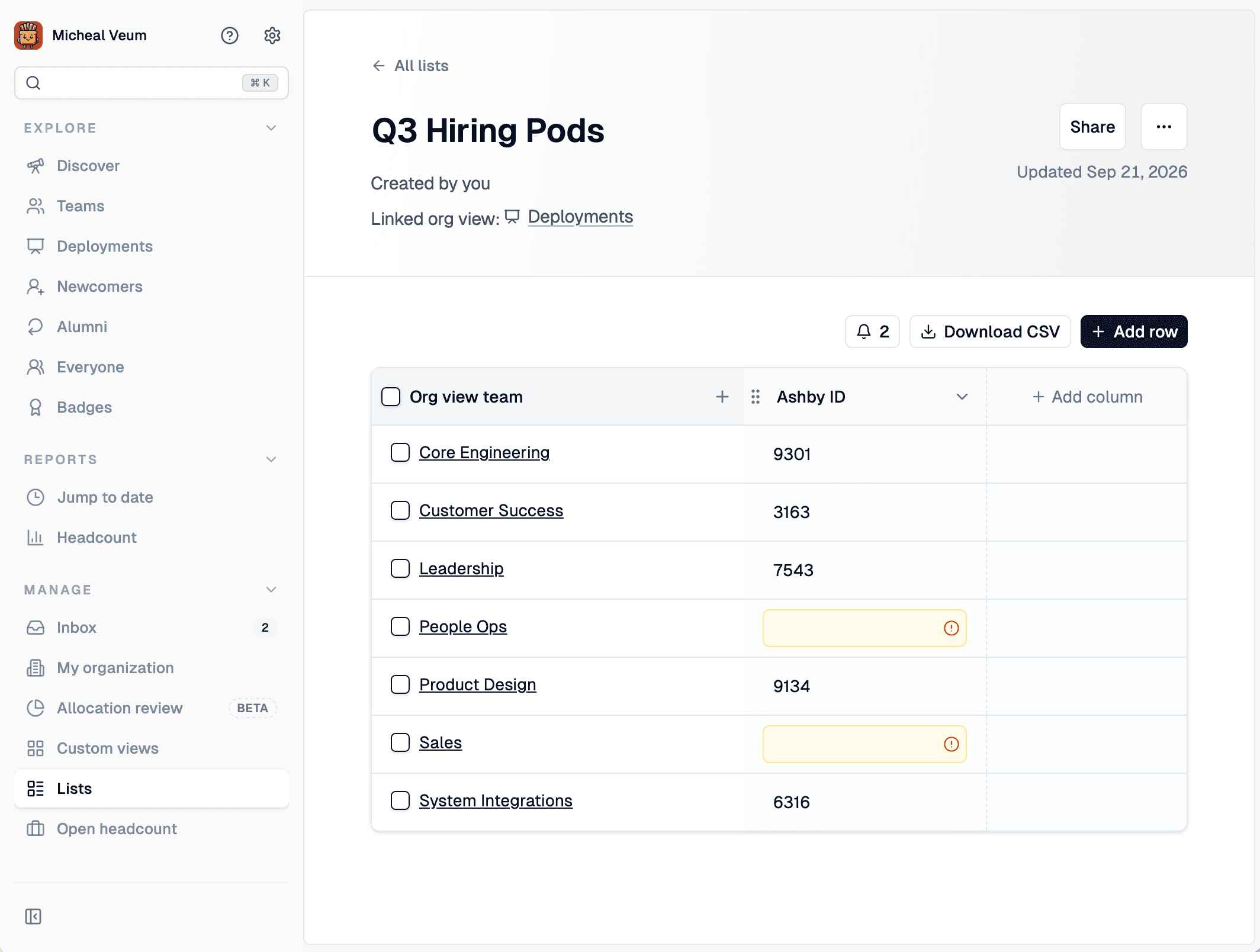 A Crouton list, Q3 Hiring Pods, synced to all org-view teams, with a Download CSV button and two rows flagged as missing a value