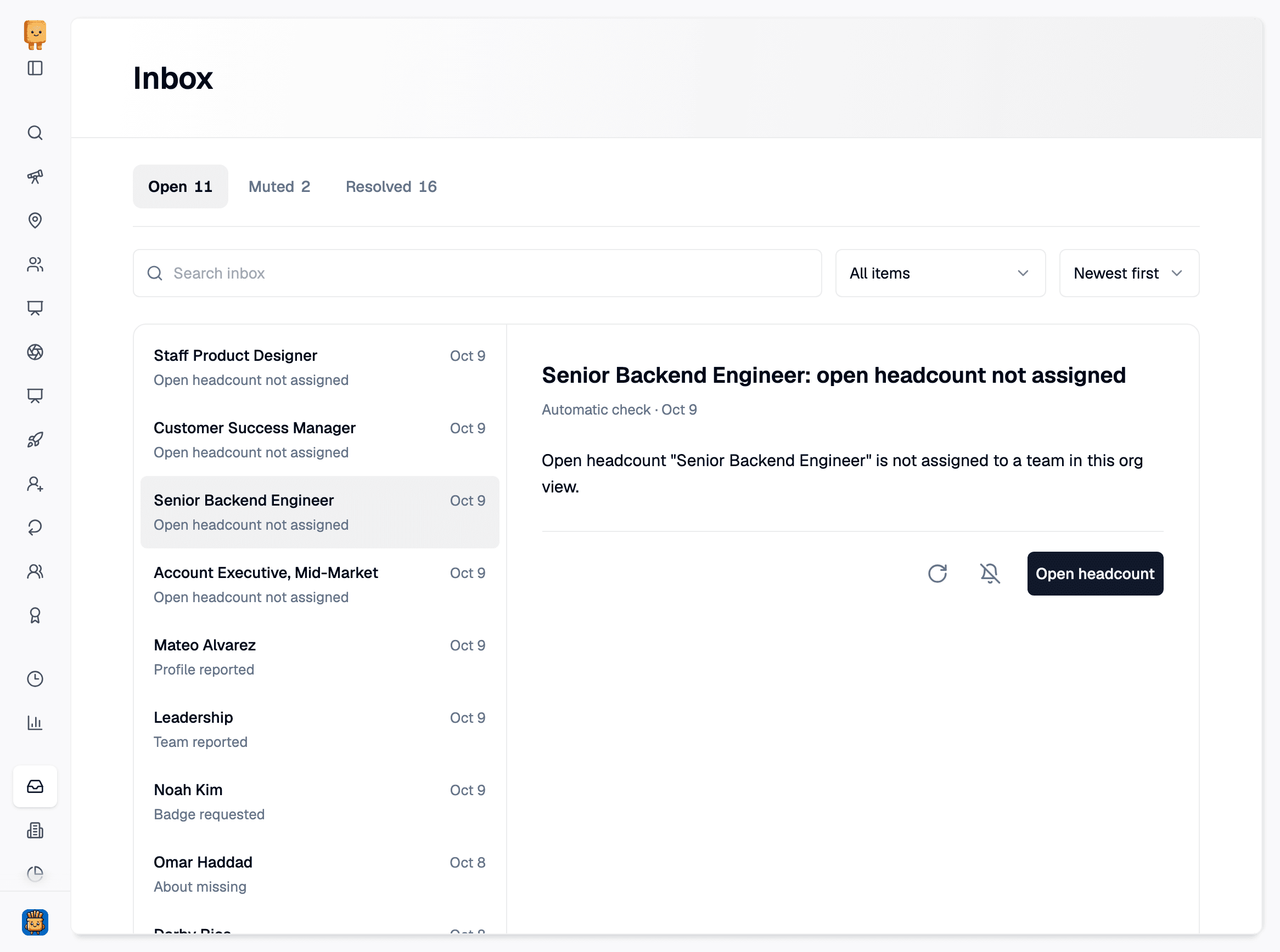 The Inbox with four Open headcount not assigned items, and Senior Backend Engineer selected, showing that it isn’t assigned to a team in this org view and an Open headcount button