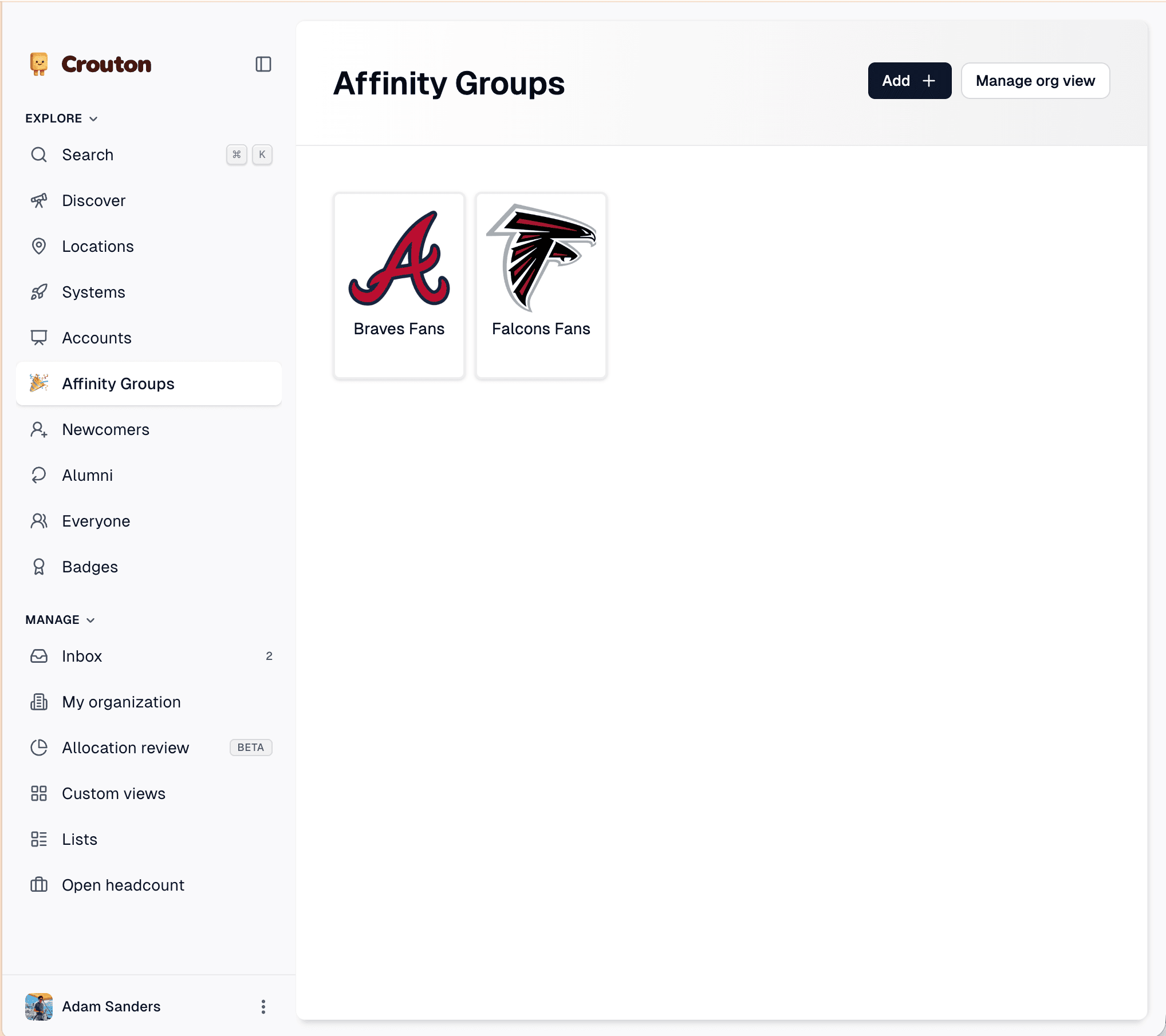 An Affinity Groups org view in Crouton, open from the sidebar