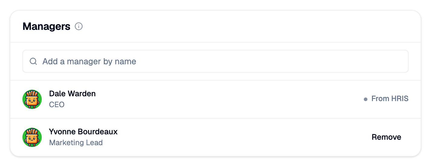 The Managers card on a profile edit page, with an Add a manager by name search box, Dale Warden marked From HRIS, and Yvonne Bourdeaux with a Remove button