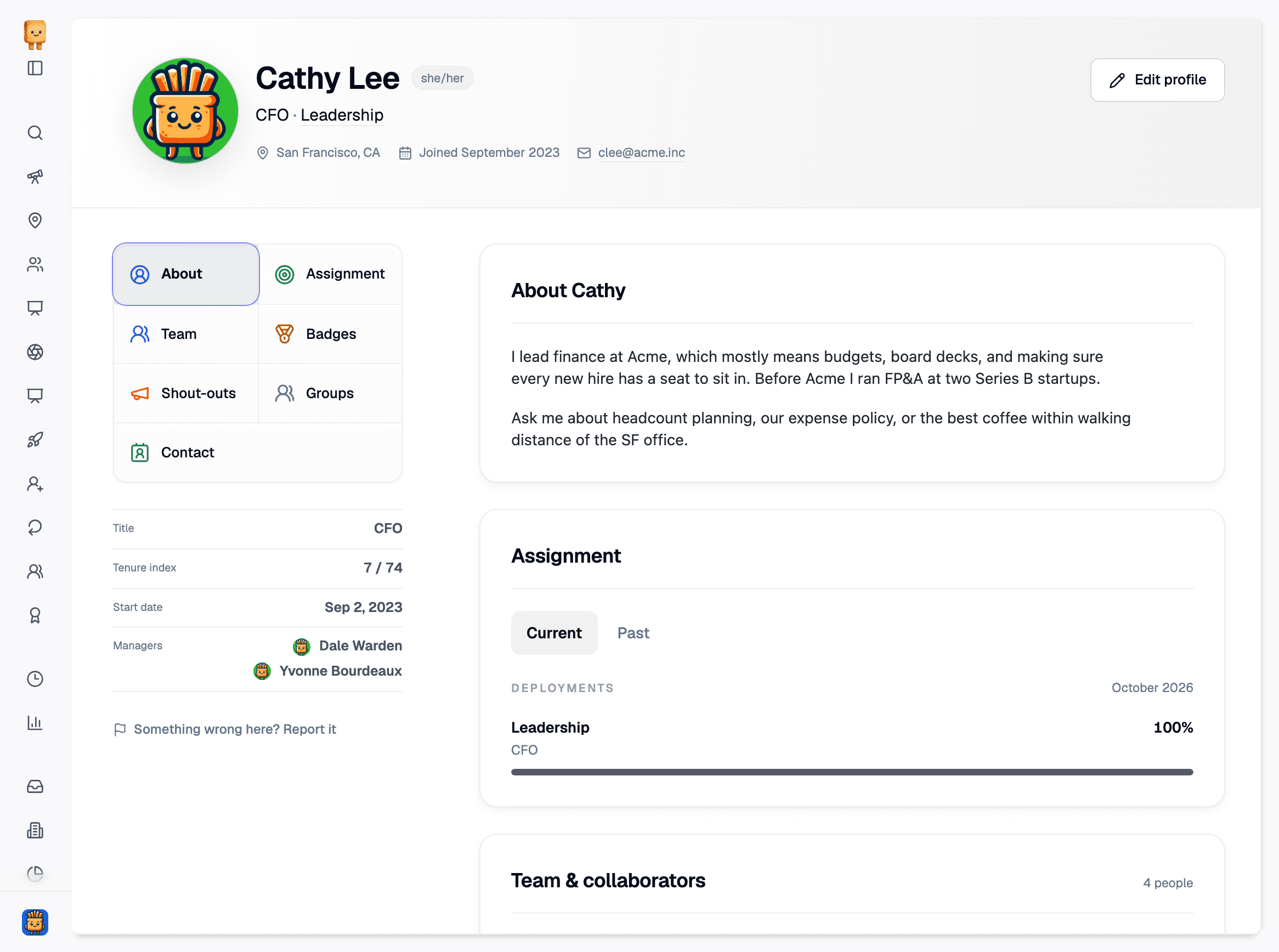 Cathy Lee’s redesigned profile, with a header showing her pronouns, title, team, location, start date, and email, a section menu on the left above her tenure index, start date, and two managers, and About and Assignment cards on the right