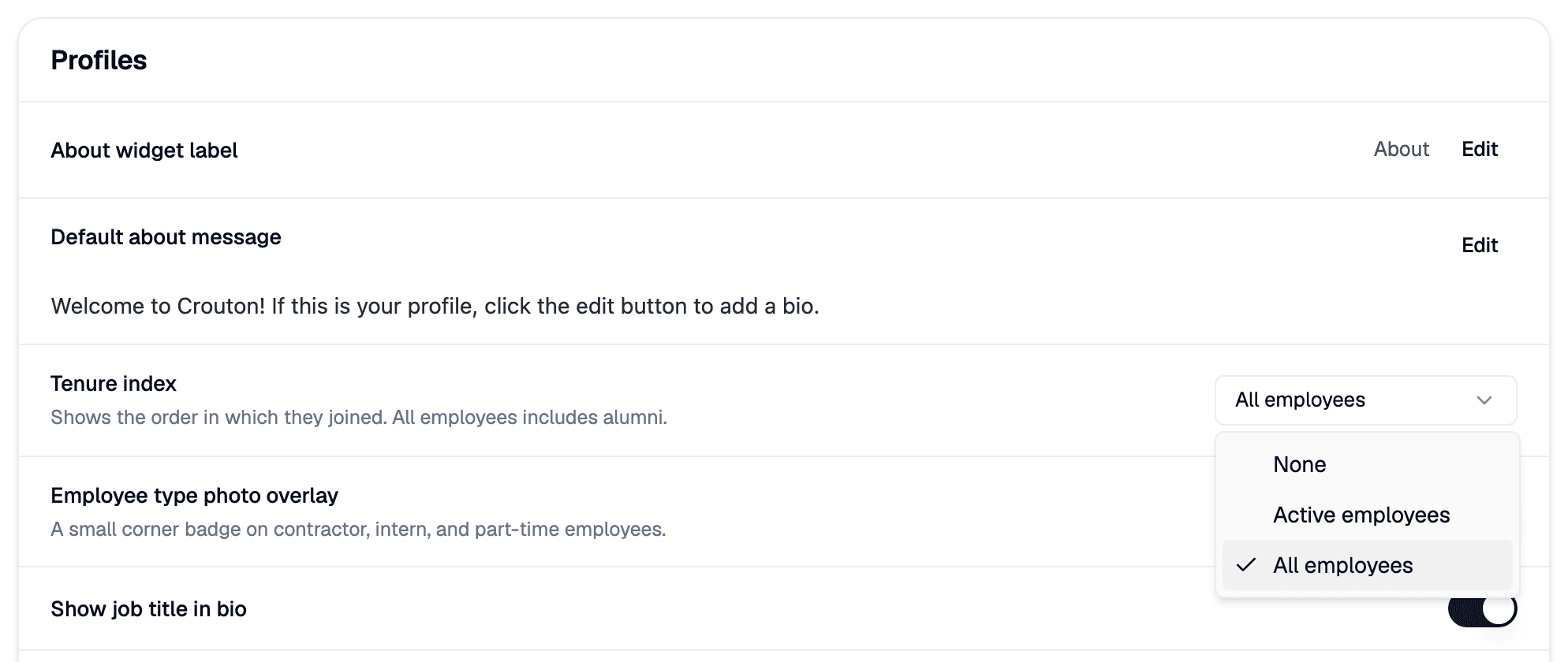 The Profiles settings card in My organization, with the Tenure index dropdown open showing None, Active employees, and All employees